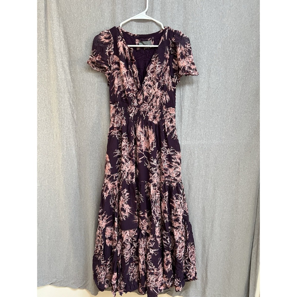 Anthropologie Somerset Chiffon Maxi Dress XS Purple Botanical Smocked Waist
